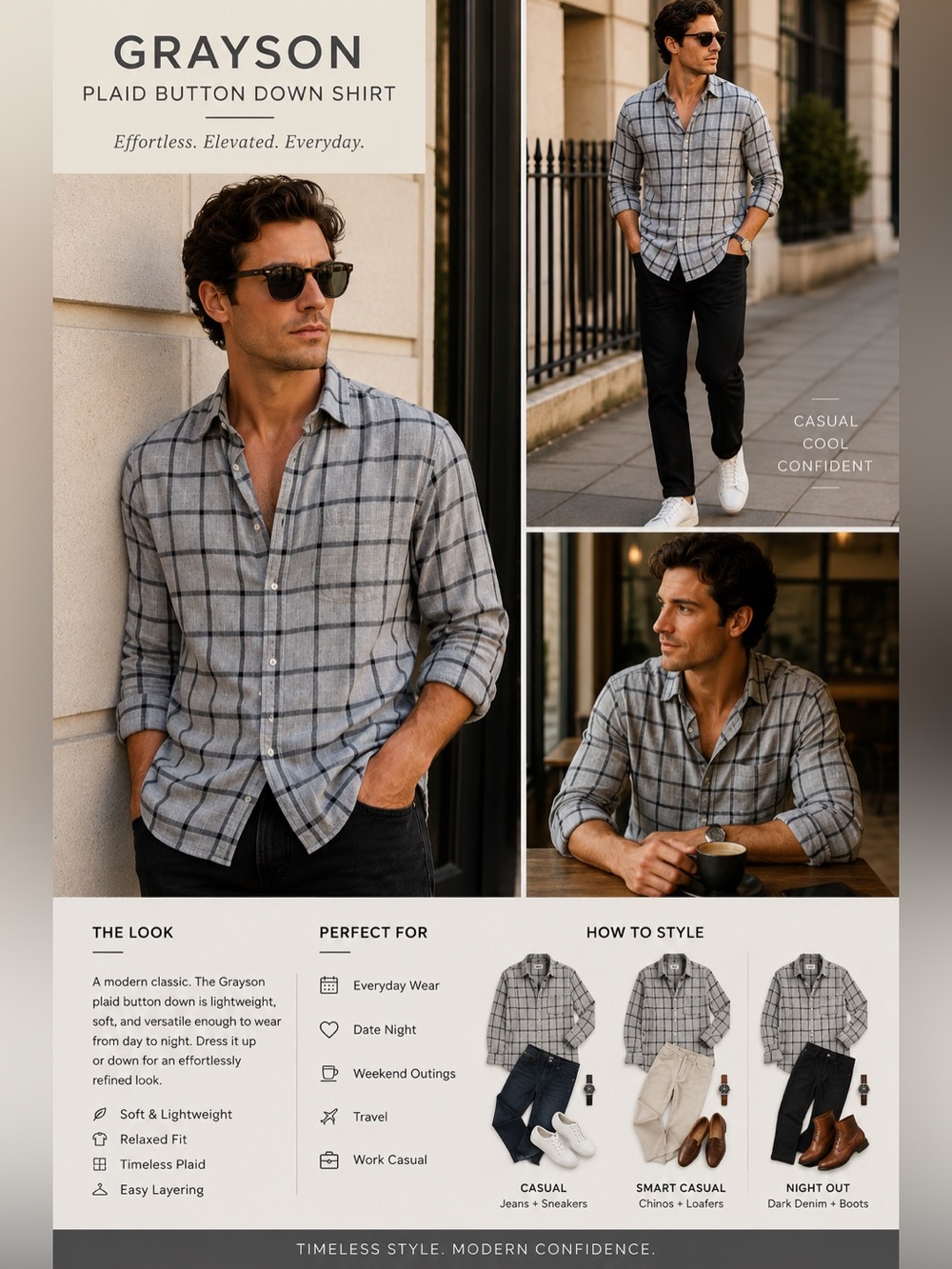 Grayson Plaid Button Down Shirt Gray Lightweight Relaxed Luxury Shirt